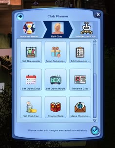 the menu for club planner is shown in this screenshot from an interactive video game