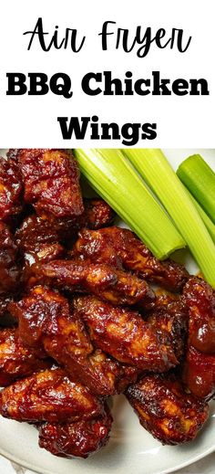 bbq chicken wings with celery on the side and text overlay that reads, ani fuyenn bbq chicken wings