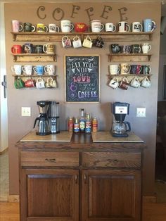 a coffee bar with lots of cups on it