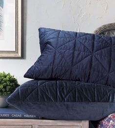 two blue pillows sitting on top of a wooden table next to a potted plant