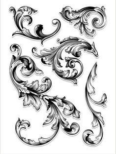 an ornate design in black and white with swirls, leaves and scrolls on it