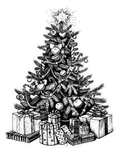 a black and white christmas tree with presents under it stock photo - 958972