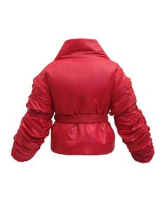 A red puffer jacket, secured with a waist belt, featuring ruched arms. Attached belts on the arms serve the purpose of tightening the drapes or can be easily removed. Composition:Waterproof material (Inside and out). Polyester 100% Stuffing: Sintepon 100% Measurements: XS - Bust(cm):80-82; Waist(cm):63-64; Hips(cm):87-89. S - Bust(cm):83-84; Waist(cm):65-66; Hips(cm):90-92. M - Bust(cm):88-90; Waist(cm):68-70; Hips(cm):94-96. L - Bust(cm):92-94; Waist(cm):74-76; Hips(cm):98-100. XL - Bust(cm):96-98; Waist(cm):78-80; Hips(cm):102-104. Those who are between sizes should order the larger size.