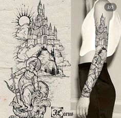 a woman with tattoos standing next to a drawing on the wall and an image of a castle