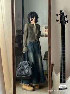 Hobo Dress Up Ideas, Asian Outfits Aesthetic, Morikei Aesthetic, Layered Style Clothes, Jeans Under Dress, Layering Outfits Summer, Skirt Over Pants Outfits, Dress Over Jeans Outfit, Shirt And Maxi Skirt