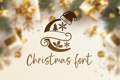 christmas font with santa hat and snowflakes on white background, surrounded by gold stars