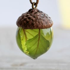 an acorn with a green leaf hanging from it