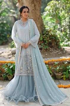 Noura – Sania Maskatiya International Nida Yasir Dresses Morning Show, Kamdani Dupatta, Light Blue Dress Outfit, Pakistani Sharara, Sania Maskatiya, Blue Dress Outfits, Net Shirt, Desi Fits, Blue Colour Dress