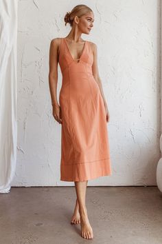 Elias Decorative Stitch Midi Dress Mango by Selfie Leslie Casual Mango Midi Dress For Fall, Chic Mid-length Linen Midi Dress, Fitted Linen V-neck Midi Dress, Chic Linen Midi Dress With V-neck, Feminine V-neck Linen Midi Dress, Italian Beach, Tan Mules, House Closet, Orange Midi Dress