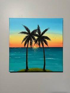 a painting of two palm trees in front of the ocean with a sunset behind them