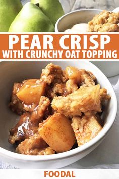 pear crisp with crunchy oat topping in a bowl