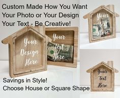 three wooden houses with the words your text be creative savings in style choose house or square shape