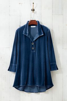 Velvet Popover Tunic Coldwater Creek Outfits, Winter Tunic, Weekend Sweater, Velvet Tunic, Velvet Shirt, Midnight Navy, Women Shirts Blouse, Coldwater Creek, Striped Linen