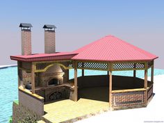 a gazebo sitting on top of a sandy beach next to the ocean