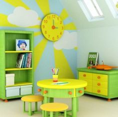 a child's room with yellow and green furniture, bookshelves and a clock on the wall