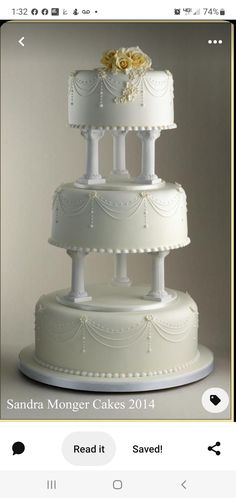 a three tiered white wedding cake with gold flowers on top and the words, sandra monger cakes 2014 read it saved