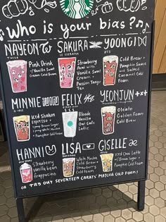 a menu board with different drinks on it in a starbucks coffee shop, which is also open for business