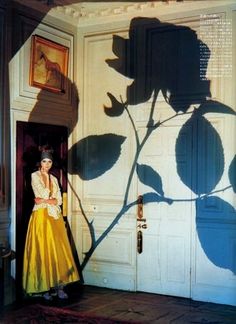 a woman standing in front of a door with a shadow of a flower on it