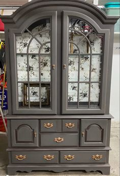 Hutch China Cabinet Makeover With Wallpaper, Glam China Cabinet, Hutch With Wallpaper Back, Vintage Rose Wallpaper, Hutch Redo, China Cabinet Redo, Redone Furniture, Things Painting