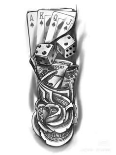 a drawing of playing cards and dice on top of each other with money coming out of them