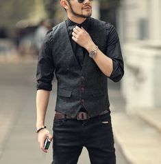 Waistcoat Men Style, Tweed Vest Outfit, Black Waistcoat Outfit, Grey Vest Outfit, Groomsmen Black, Clothes Guys, Waistcoat Outfit, Mens Vest Casual, Men Vest