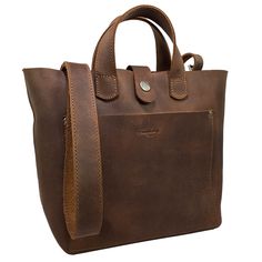 a brown leather tote bag on a white background