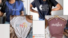 four different t - shirts with the words maker and flower power are for girls on them