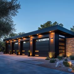 an image of a modern garage with lights on it