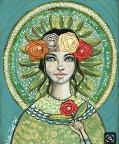 a painting of a woman with flowers on her head, holding a flower in her hand