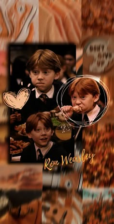 two young boys eating food in front of a collage of photos with words reading ron weasley