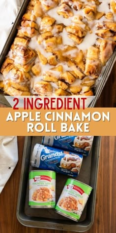 an apple cinnamon roll bake in a pan with the title overlay reading 2 ingredient apple cinnamon roll bake