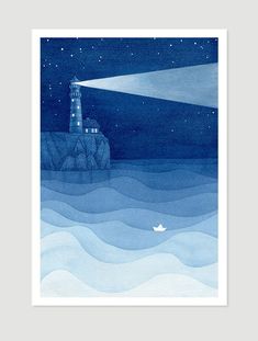 an illustration of a lighthouse in the ocean at night with a paper boat floating by