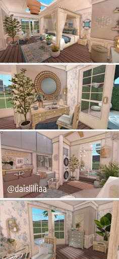 three different views of a living room and bedroom in the same house, each with its own furniture