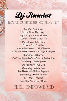 the royal queens rising playlist is displayed in front of a pink background with lace