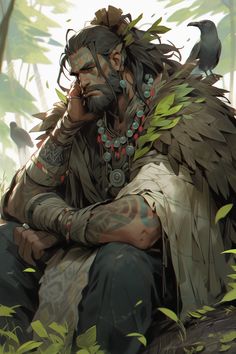 a man sitting on top of a lush green forest next to a bird perched on his shoulder