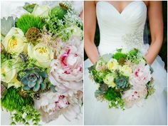 wedding bouquets with succulents and other flowers are shown in three different pictures