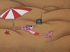 a cartoon character laying in the sand with an umbrella over her head and a pink panther logo on it