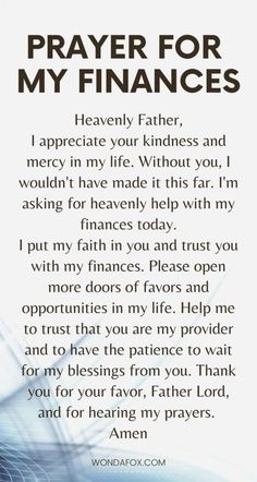 a prayer card with the words prayer for my finance