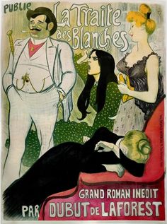 an old french poster with two women and a man