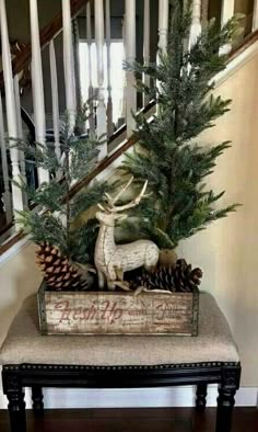 a small christmas tree in a wooden box on a bench under the bannister