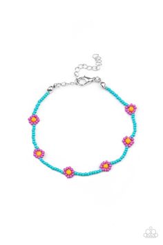 a blue bracelet with pink and yellow beads on the clasp, hanging from a silver chain