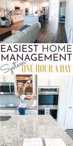 a woman is cleaning the kitchen counter top with text overlay that reads, easy home management system one hour a day