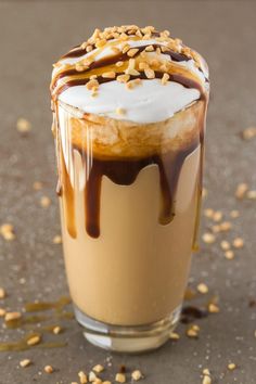 low carb snickkers breakfast shake with chocolate drizzled on top