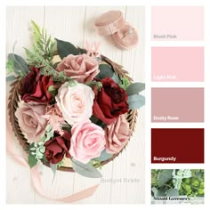 a basket filled with pink and red flowers on top of a white table next to a pair of slippers