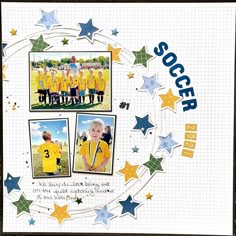the soccer team is posing for a photo in their yellow uniforms and blue stars around them