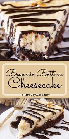 brownie bottom cheesecake with chocolate drizzled on top and the title above it