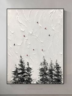 a painting with snow and trees in the background