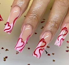 Valentine Day Nails Square, Airbrush Valentines Nails, Valentines Nails Designs Classy, Valentines Day Aesthetic Nails, Valentine’s Day Set Nails, Love Nails Design Valentines Day, Valentine’s Day Acrylic Nail Designs, Valentine Day Nails 2024, Nails Art Valentines Day