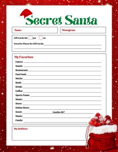 the secret santa list is shown in red and white