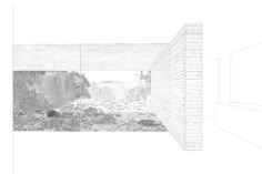 a drawing of a room with brick walls and an open door to another room that has trees in it